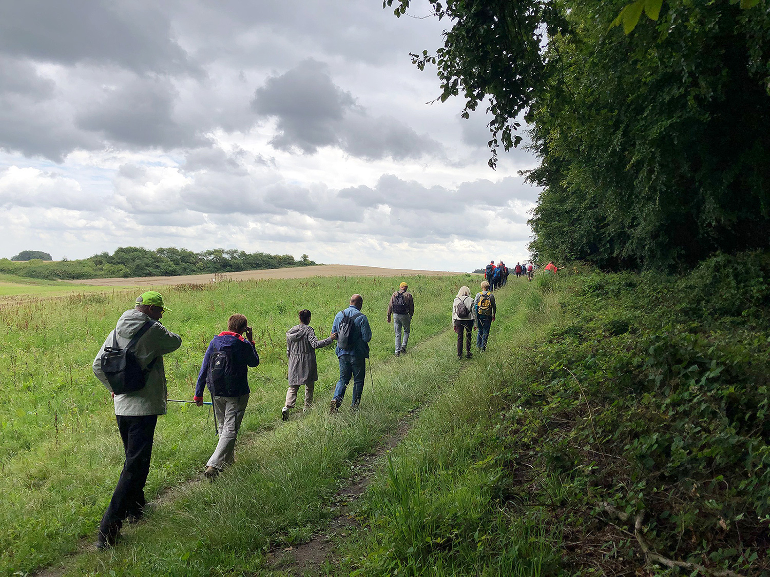 13 Personen mit rucksäcken wandern über einen naturbelassenen landwirtschaftlichen Feldweg in richtung Horizont. Daneben sind Ackerflächen, Sträucher und Laubwald zu sehen