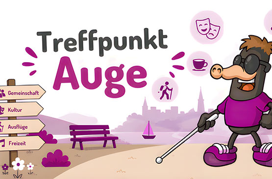Cartoon-Maulwurf mit Sonnenbrille und weißem Stock steht neben einer Parkbank und einem Wegweiser mit deutschen Worten, mit Symbolen für Gemeinschaft, Kultur, Ausflüge und Freizeit im Hintergrund.