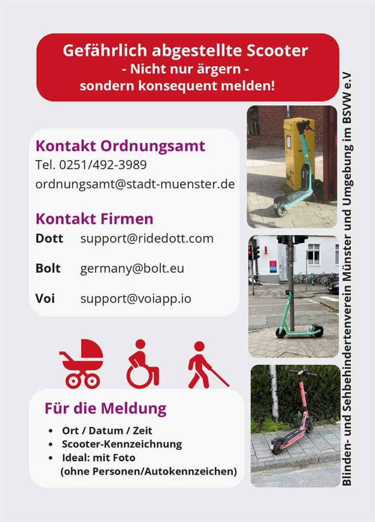 Poster mit Kontaktinformationen und Anweisungen zur Meldung gefährlich geparkter E-Scootern, mit Bildern von unsachgemäß geparkten E-Scootern und Symbolen für die erforderlichen Meldedetails.