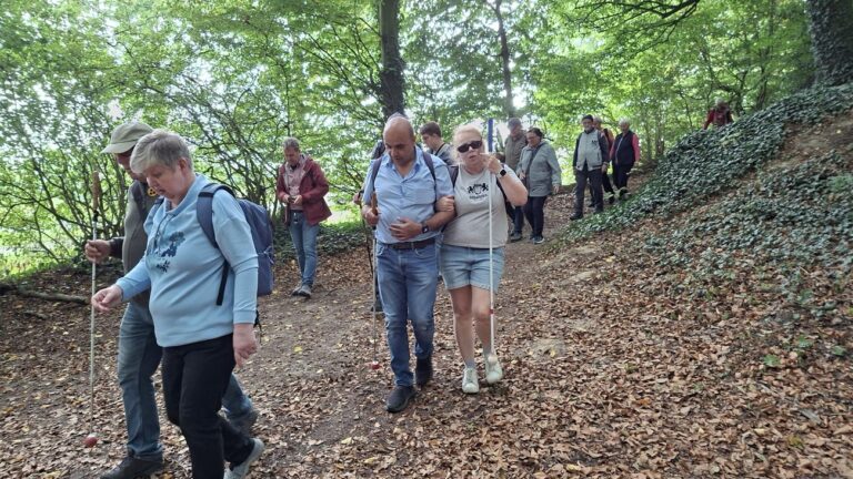 Eine Gruppe von Menschen, von denen einige weiße Blindenstöcke benutzen, geht einen mit Laub bedeckten Waldweg entlang.