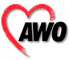 Die Buchstaben "AWO" in fetter schwarzer Schrift werden von einem roten Herz auf weißem Hintergrund umrahmt.